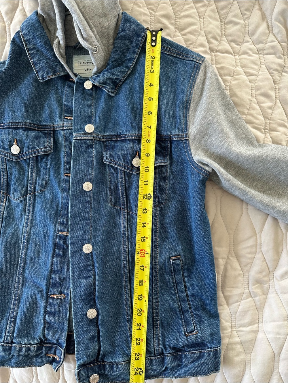 Eighty Two Women’s Denim Jacket with Heather Grey Hoodie & Sleeves 90s Varsity L - Picture 6 of 7